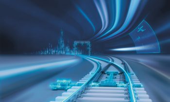 Futuristische Bahngleise mit leuchtend blauen Lichtern und digitalen Elementen, die Technologie und Geschwindigkeit in einem modernen Verkehrssystem suggerieren.