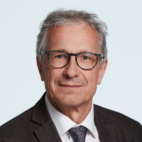 Ein älterer Mann mit grauen Haaren und Brille, der einen dunklen Anzug, ein weißes Hemd und eine gemusterte Krawatte trägt, posiert vor einem schlichten, hellen Hintergrund.