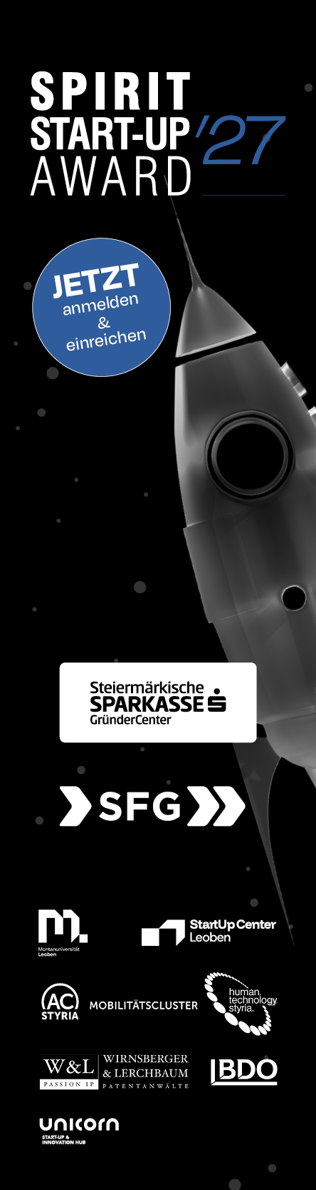 Plakat zum „Spirit Start-up Award ’27“ mit einer Raketengrafik, einem Anmeldelink sowie verschiedenen Firmen- und Organisationslogos.