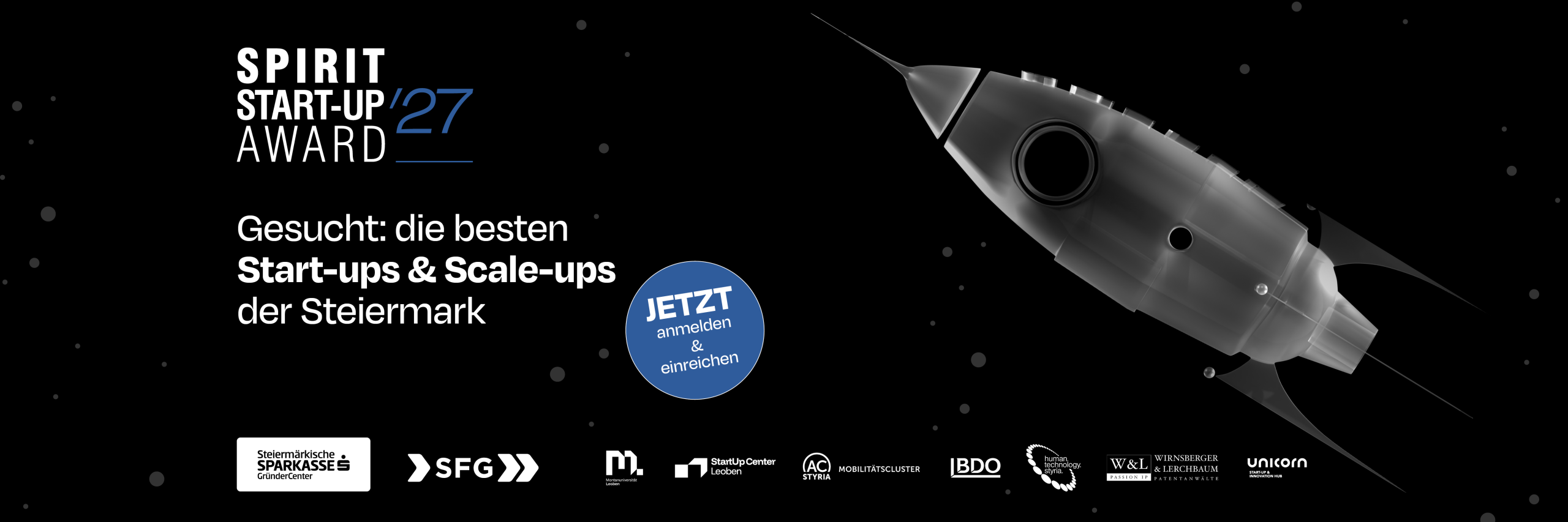Ankündigung zum „Spirit Start-up Award ’27“ in der Steiermark mit einem Aufruf zur Anmeldung und einer Liste der Partnerlogos.