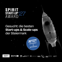 Werbeplakat für den „Spirit Start-up Award 27“ für steirische Start-ups und Scale-ups mit einer Raketenillustration und einem Aufruf zur Anmeldung.
