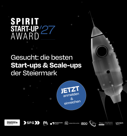 Werbeplakat für den „Spirit Start-up Award 27“ für steirische Start-ups und Scale-ups mit einer Raketenillustration und einem Aufruf zur Anmeldung.