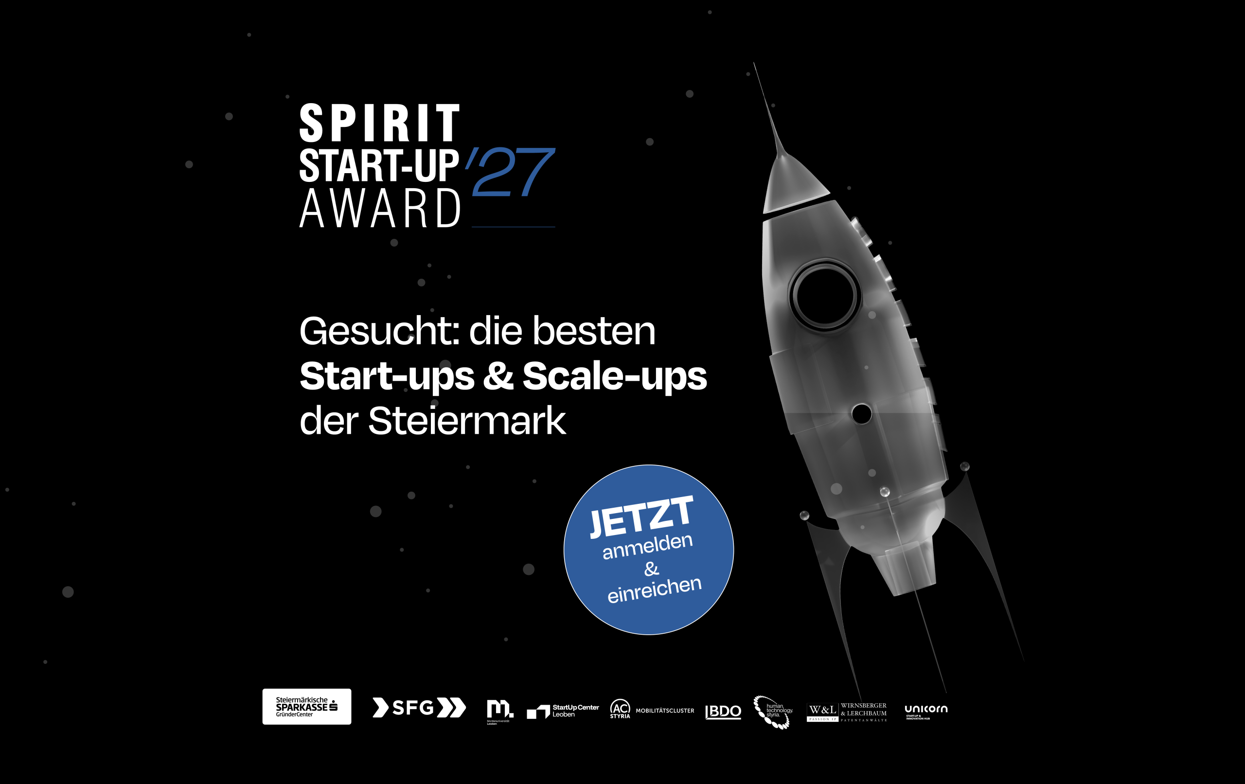 Werbeplakat für den „Spirit Start-up Award 27“ für steirische Start-ups und Scale-ups mit einer Raketenillustration und einem Aufruf zur Anmeldung.