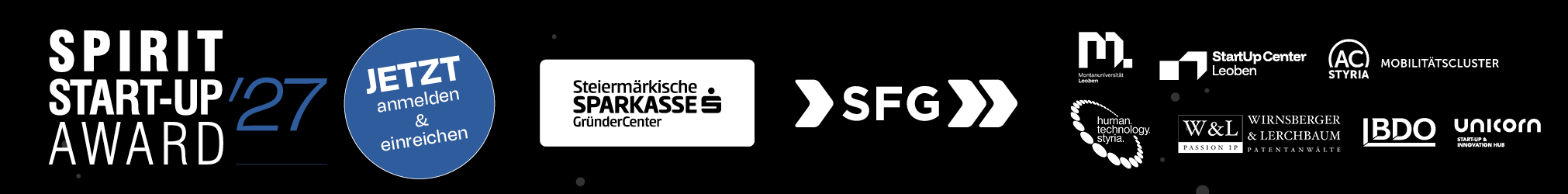 Logo-Banner für den Spirit Start-up Award ’27 mit Informationen zur Anmeldung sowie den Logos der Sponsoren, darunter die Sparkasse, die SFG und verschiedene Partnerorganisationen.