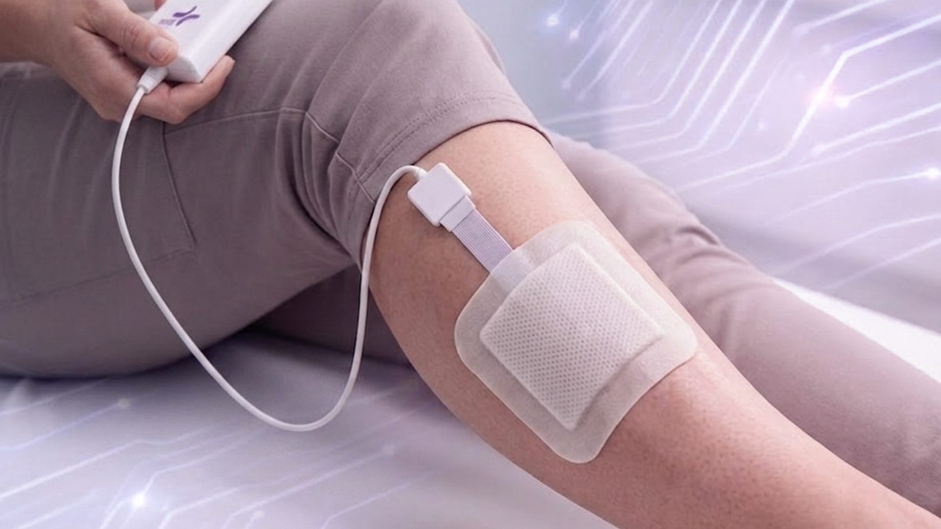 Eine Person, die ein tragbares medizinisches Gerät in der Hand hält, das über ein Kabel mit einem Klebepflaster am Unterschenkel verbunden ist.