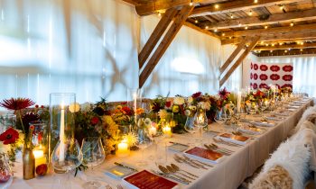 Ein langes Banketttisch-Set aus der Reihe „Der gedeckte Ort“, Band 3, gedeckt für ein festliches Abendessen mit Blumengestecken, Kerzen, Gläsern und roten Speisekarten.