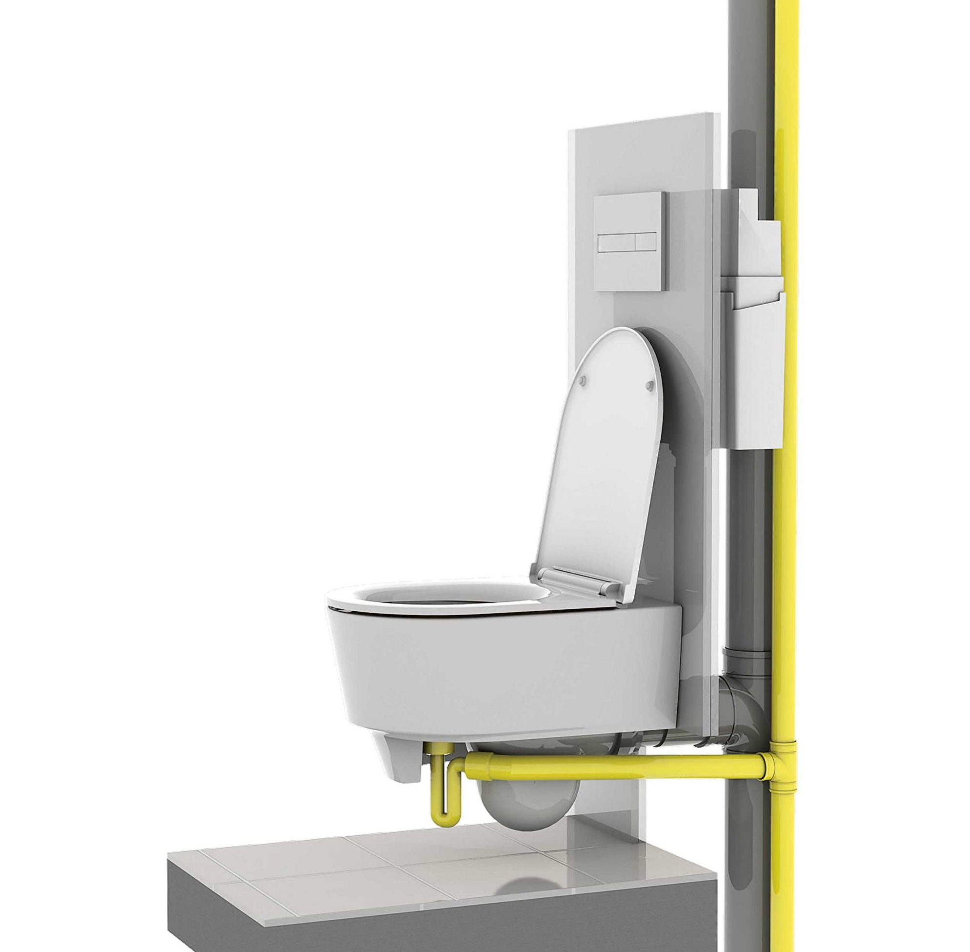 Wand-WC mit sichtbarem Unterputz-Spülsystem und gelben Sanitärrohren.