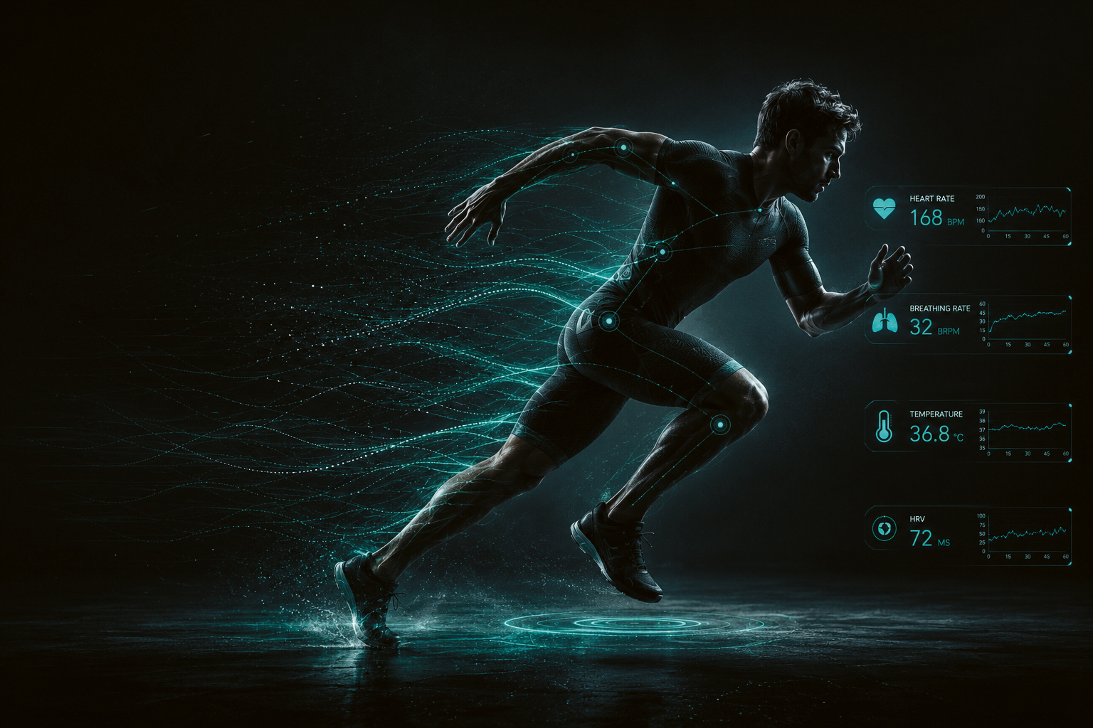 Ein Läufer in Bewegung mit digitalen Einblendungen, die biometrische Daten wie Herzfrequenz, Atemfrequenz, Temperatur und HRV anzeigen.