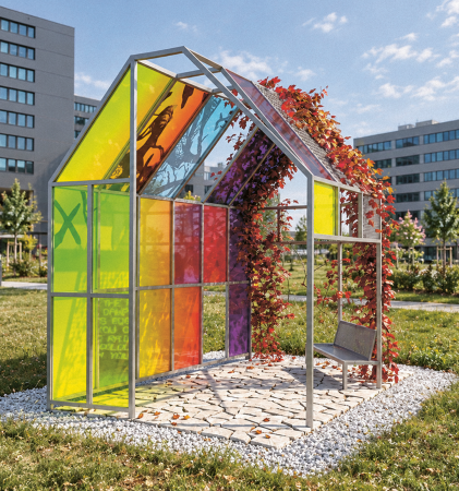 Eine im Freien stehende Hauskonstruktion aus bunten, durchscheinenden Paneelen und Kletterpflanzen mit einer Bank im Inneren, eingebettet in einen grasbewachsenen Park.