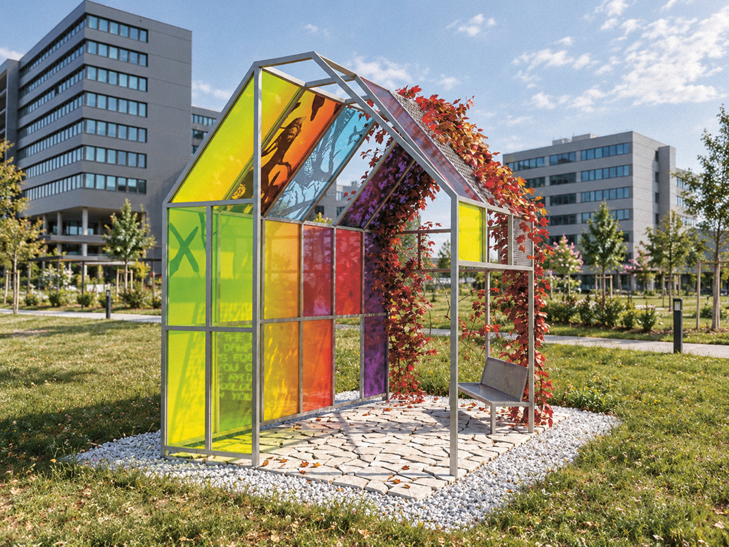 Eine im Freien stehende Hauskonstruktion aus bunten, durchscheinenden Paneelen und Kletterpflanzen mit einer Bank im Inneren, eingebettet in einen grasbewachsenen Park.