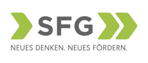 Logo für SFG mit dem Text „NEUES DENKEN. NEUES FÖRDERN.“ und grünen Pfeilsymbolen.