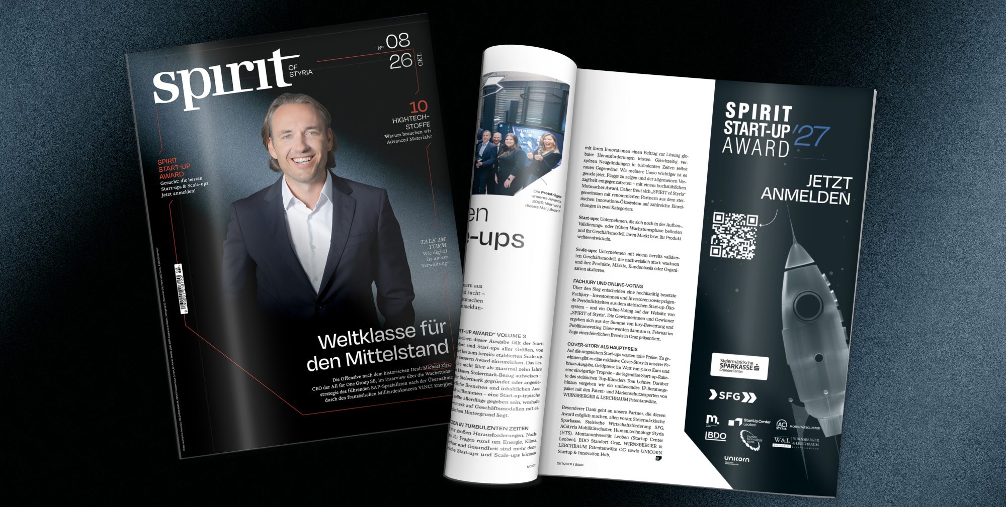 Aufgeschlagenes Magazin, auf dessen linker Seite das Porträt eines Mannes und auf der rechten Seite Informationen zum „Spirit Start-up Award“ mit einer Raketenillustration zu sehen sind.